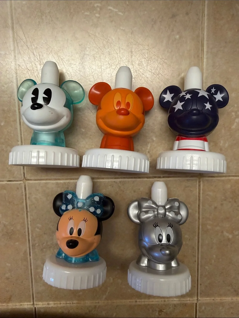 Mickey and Minnie Mouse character drink bottle toppers by good2grow Set of 5